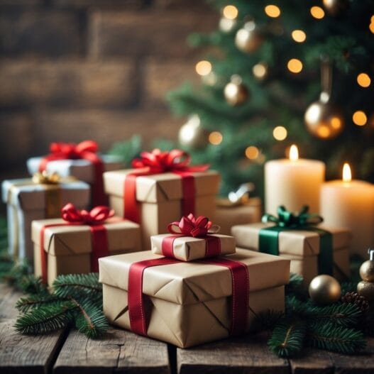 Billede af klassiske adventsgaver til voksne, præsenteret i en elegant indpakning med juletema.
